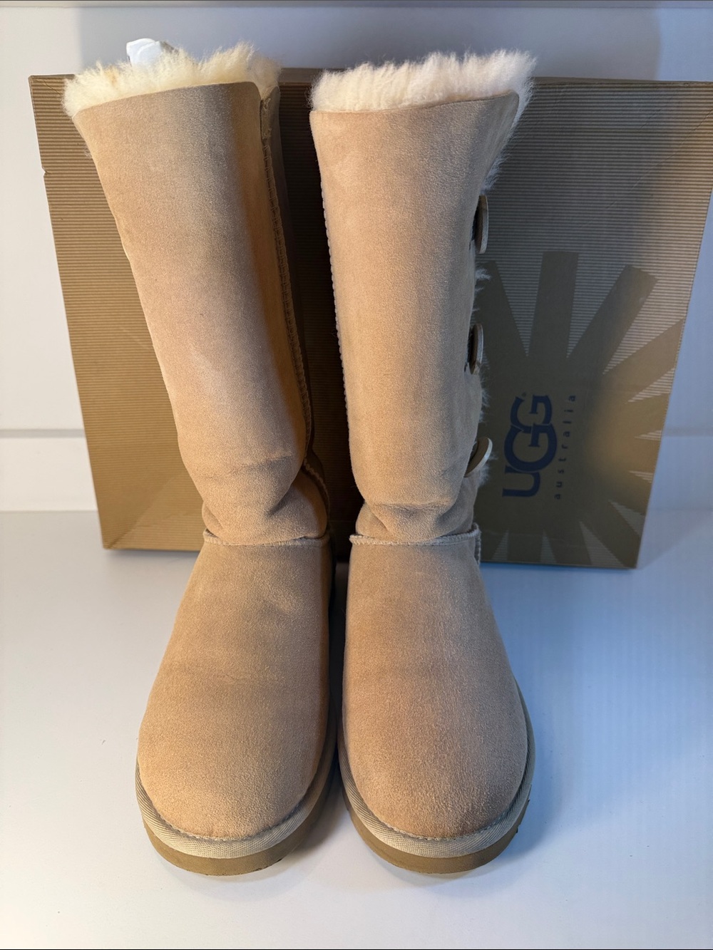 UGG Tall Bailey Button Triplet II Shearling Boots in Sand Suede - Size 8